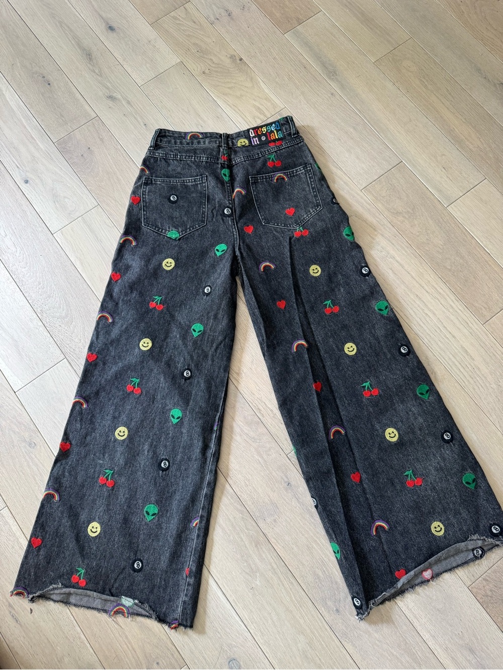 Dressed in LALA Black Wide Leg Jeans with Red, Green, Yellow Embroidery - Picture 2 of 10
